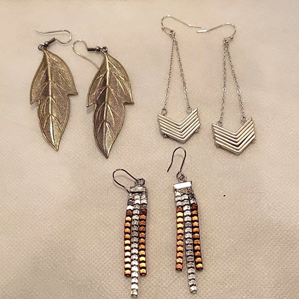 3 Pair Silver Dangle Earrings